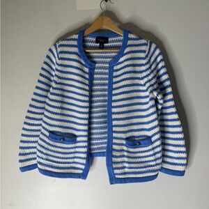 Lands End Blue‎ Stripe Cotton Drifter Cardigan Sweater Nautical Coastal Small